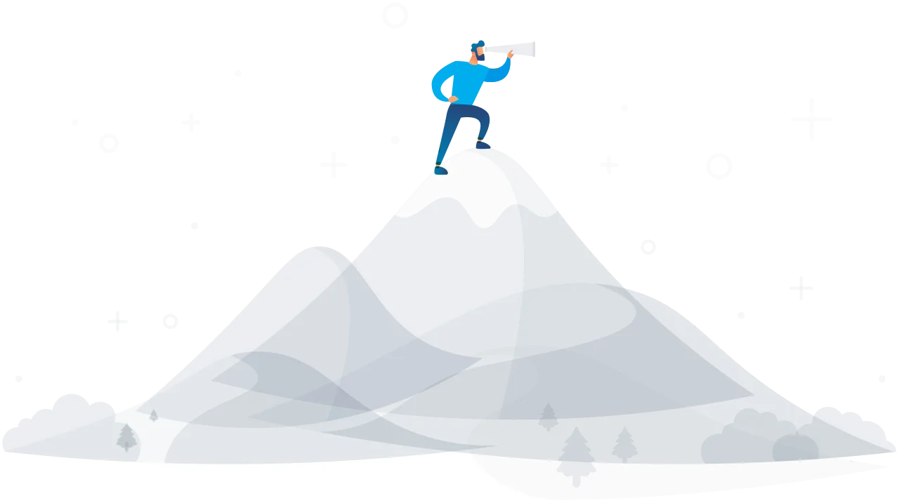 Illustration of a person holding a telescope, and looking into the distance on top of a mountain.